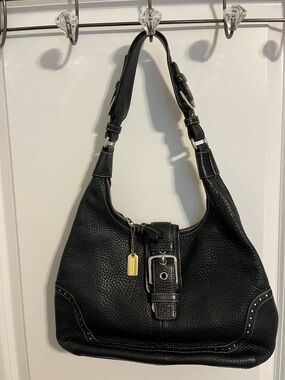 Coach Black Pebbled Leather Shoulder Hobo with Buckle Accent
